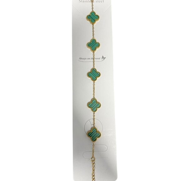 Gold Plated Stainless Steel Clover Bracelet With Green Enamel Accents - Picture 1 of 1